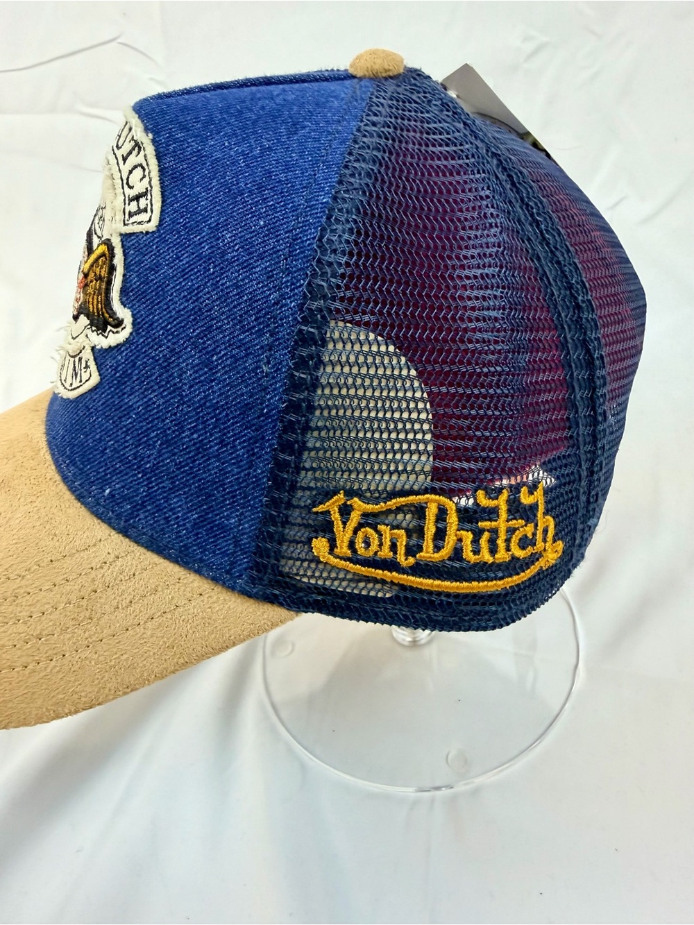 Von Dutch Dark Blue Denim/Khaki Suede Trucker Hat - NWT - Picture 2 of 5